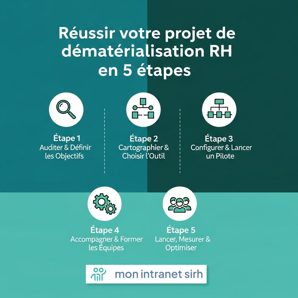 Infographie présentant les 5 étapes pour réussir son projet de dématérialisation RH